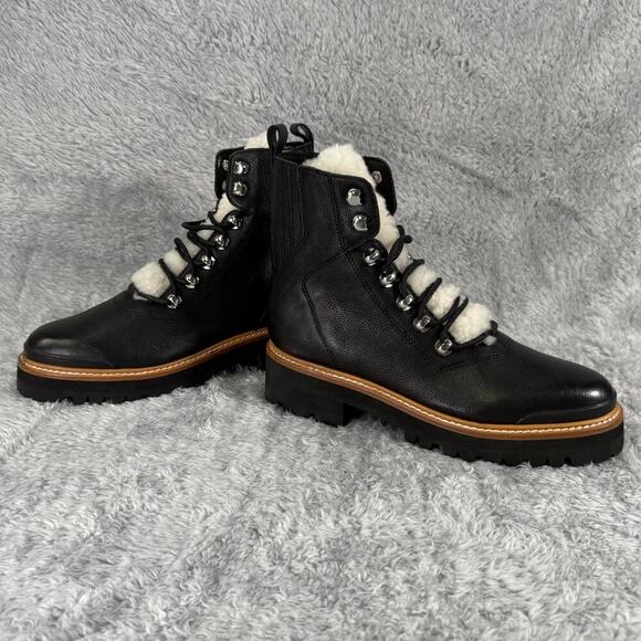 Marc Fisher Izzie Lace Up Boots Black Leather Shearling Womens Size 5.5 Lug Sole - Picture 4 of 9